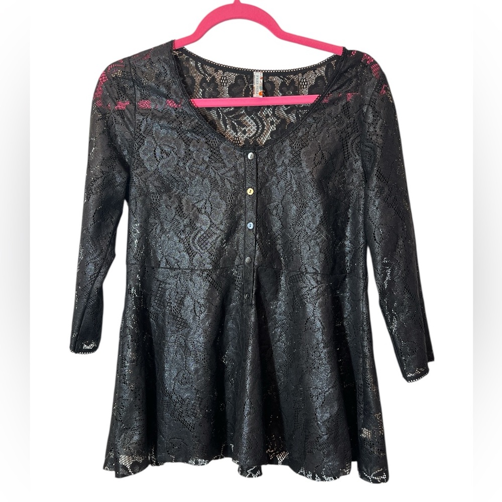 Free People Black Shimmer Sheer Floral Lace Blouse Sz S Romantic Goth